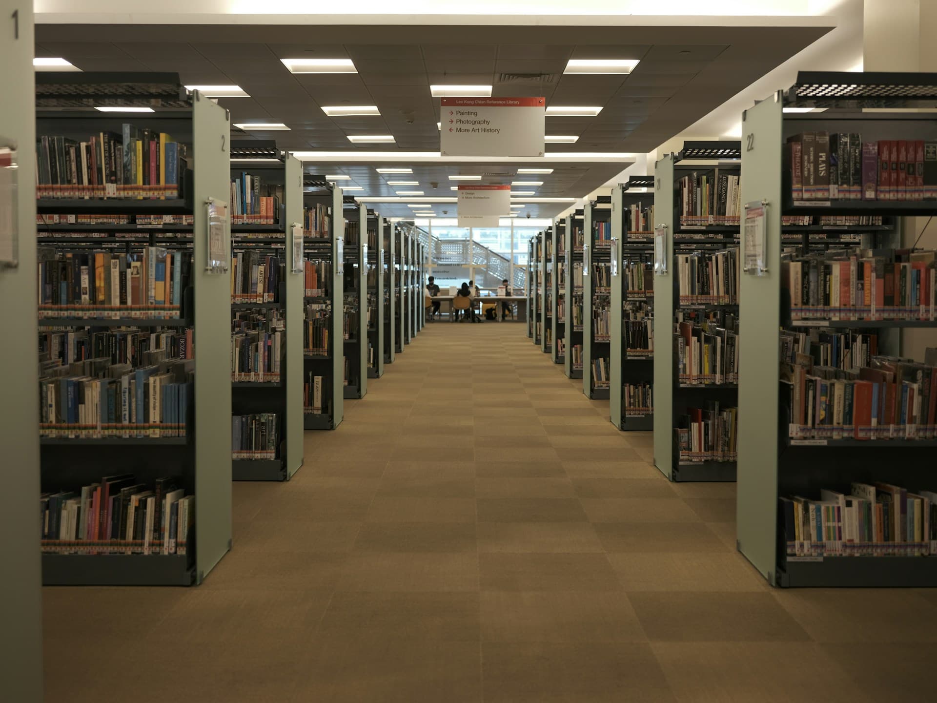 Library bookshelves aisle